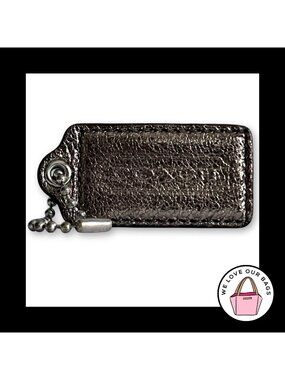 COACH POPPY HANG TAG 2.5" Gray Bronze Crackle Leather Bag Charm Keychain Fob